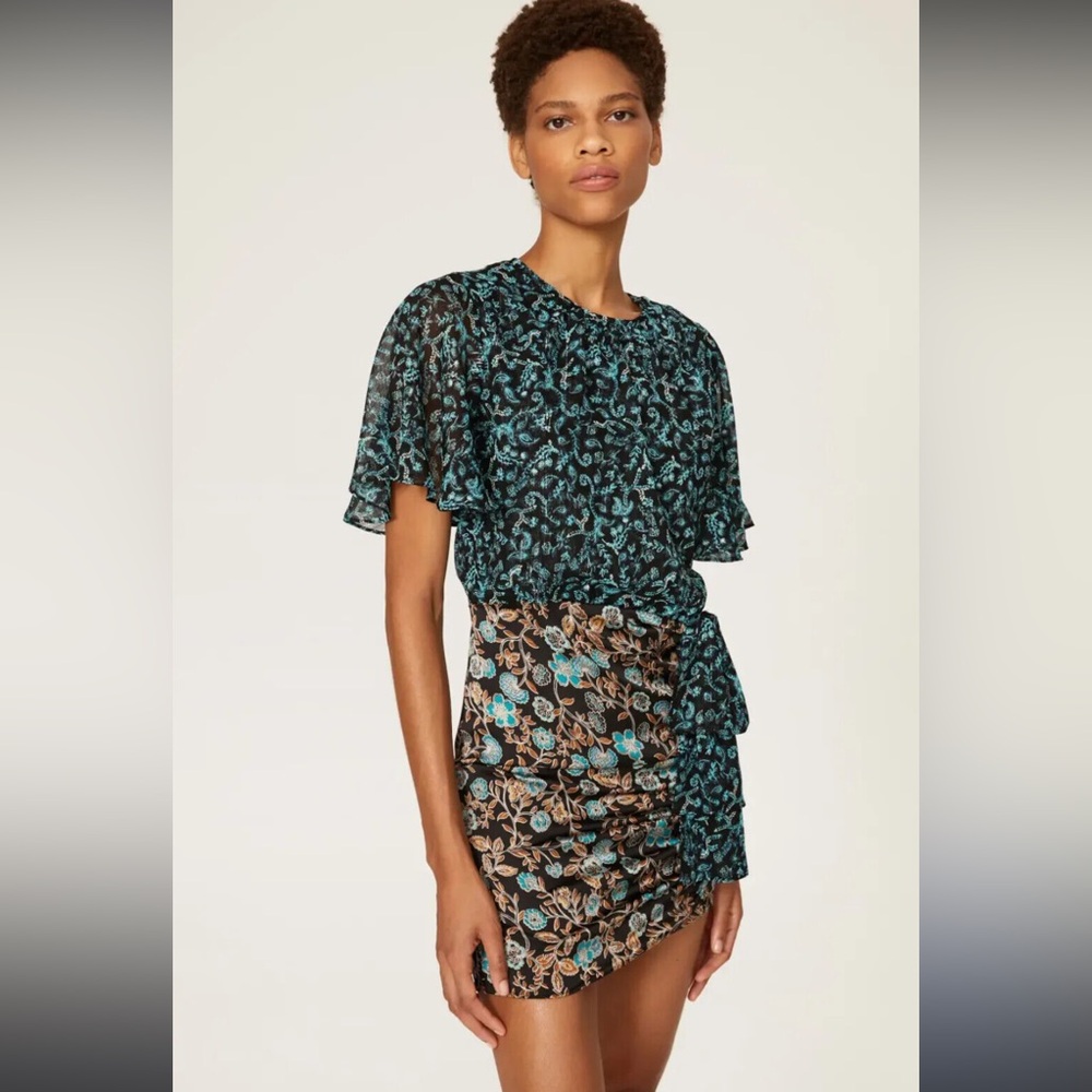 Misa Los Angeles Mini Dress Talia Mix Floral Blue Short Sleeve Size XS $330